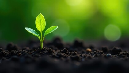 Naklejka premium Small green sprout pushing through dark soil with tiny roots, organic, plant, foliage