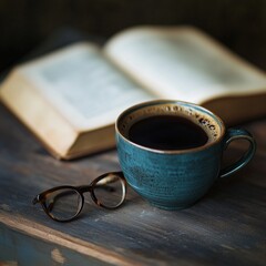 A cozy reading scene with an old book coffee cup and glasses on a desk
