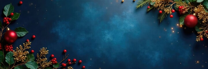 Fototapeta premium Smoky dark blue background with gold garlands and berries, berry garlands, holiday decor