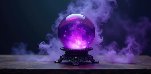 Smoky purple mist surrounds an ornate crystal ball on a dark wooden table, occult, spiritual, mysticism