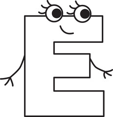 capital smiling letter E with hands and eyes looking away