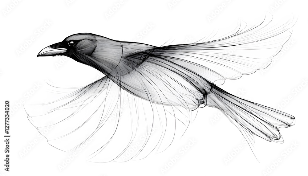 Poster artistic representation of a crow in flight using flowing lines