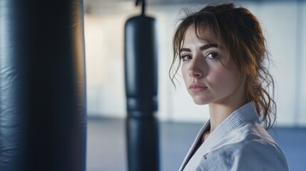 Video generation for a woman practicing martial arts in a dojo. Featuring strength and discipline