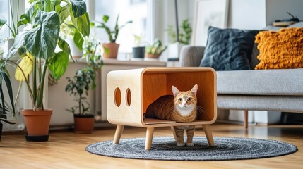 A stylish, Scandinavian-inspired cat house made of light wood, sitting in a minimalist home interior.