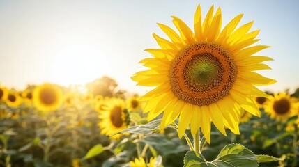 Fototapeta premium A sunflower field under a clear sky, with bright yellow flowers swaying gently in the wind.