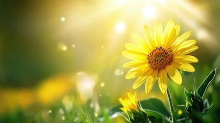 Obraz premium A sunflower in full bloom with soft sunlight illuminating its yellow petals against a blurred green backdrop.