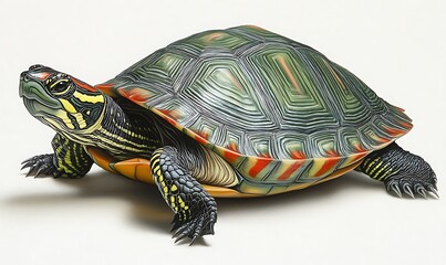 Obraz premium Colorful turtle on white background, detailed shell, studio shot, for education or nature