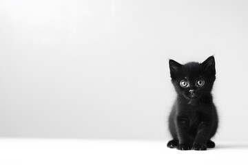 Fototapeta premium Black kitten with soft, velvety coat sitting on white surface, looking curiously at viewer