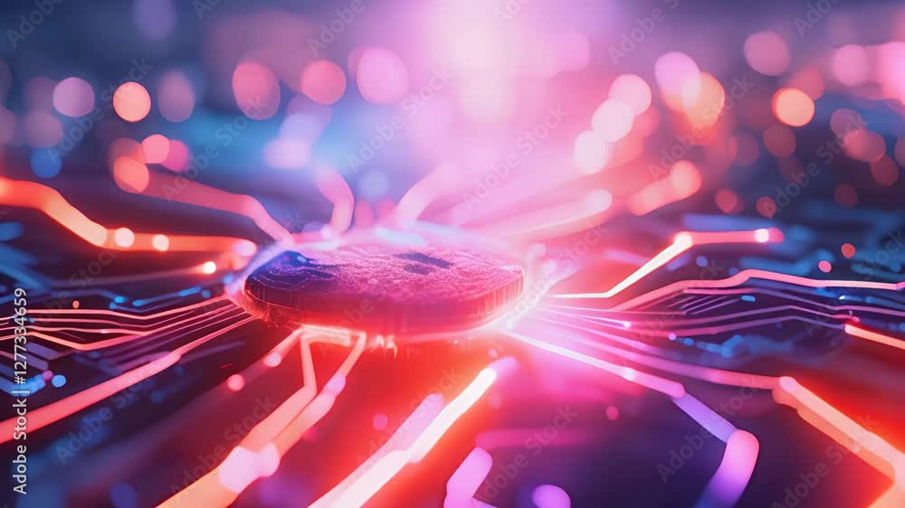 Poster futuristic ai microchip with glowing neural connections on circuit board, symbolizing advanced artif