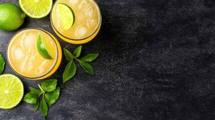 Two fresh margaritas with lime garnish on dark stone background