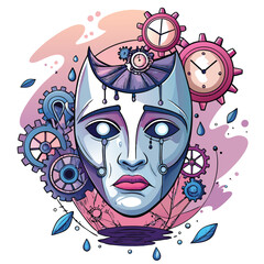 A surreal image depicting a cracked porcelain mask, seemingly floating above a partially obscured, shadowy human face.  The scene evokes mystery and unease.