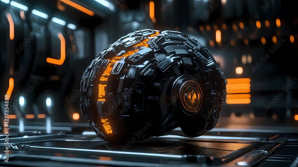 Poster futuristic sci-fi scene with high-tech circular device