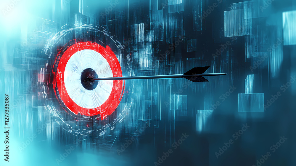 Poster blue target hit by arrow with sci-fi data flow