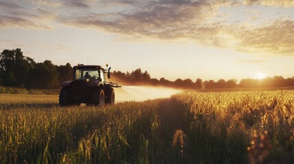 Fototapeta premium Tractor spraying crops at sunset.