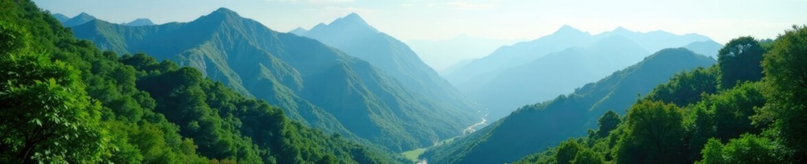 Obraz premium Towering peaks hide amidst a sea of verdant foliage, foliage, mountains, lush green