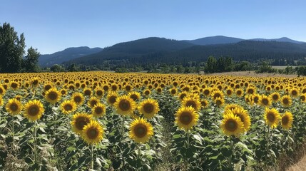 Obraz premium A vibrant sunflower field under a clear blue sky, with tall yellow blooms swaying gently in the breeze.
