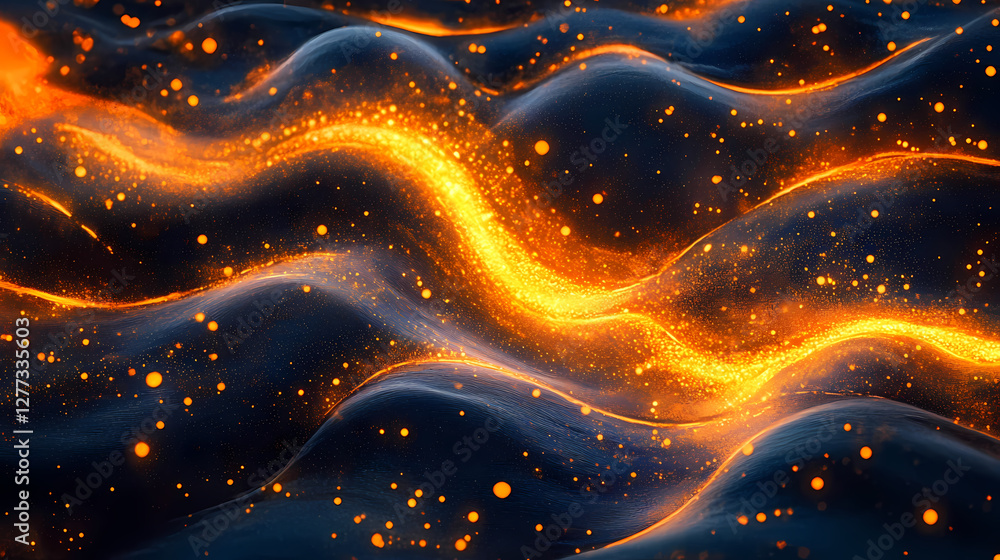 Poster dynamic wave pattern of orange and yellow lines on deep blue background