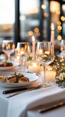 Fototapeta premium Romantic dinner table setup with candles providing warm light