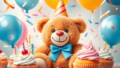 Smiling teddy bear surrounded by cupcakes, balloons, and confetti in a celebration setting