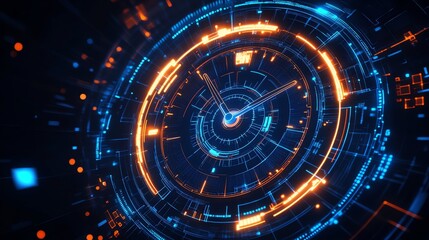 Design a futuristic neon clock with glowing hands, vibrant blue & orange hues, and intricate digital details on a dark background. Perfect for tech-inspired projects