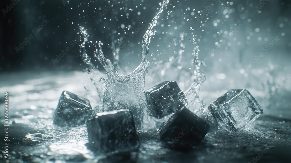 Poster close-up of a splash of water with ice cubes, creating a dynamic and fresh composition, emphasizing 