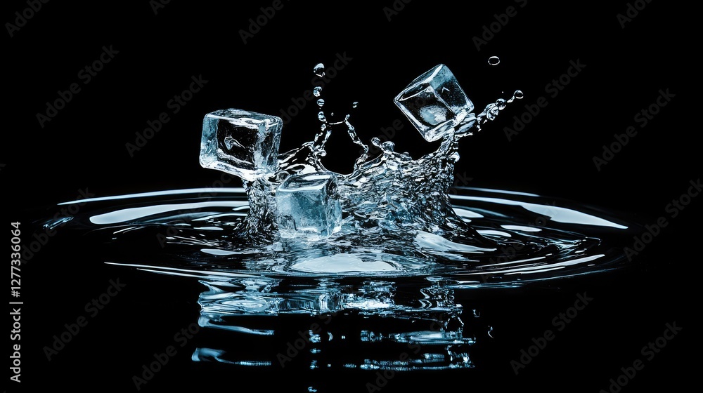 Poster close-up of a splash of water with ice cubes, creating a dynamic and fresh composition, emphasizing 