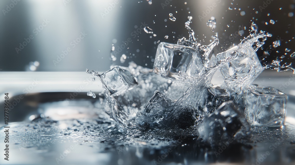 Poster close-up of a splash of water with ice cubes, creating a dynamic and fresh composition, emphasizing 
