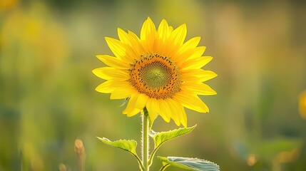 Fototapeta premium Close-up of a single sunflower in full bloom, its bright yellow petals against a soft green background.