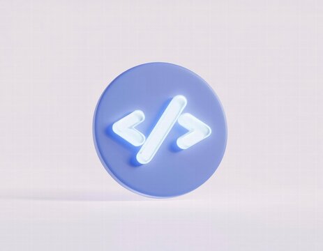 3D icon glowing code symbol on a purple circle