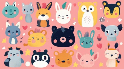 Cute animal faces collection on a pink background.  Collection of various cartoon animal heads with expressive faces and cheerful designs, perfect for children's books, cards, or digital art projects.