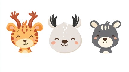 Cute animal faces, giraffe, deer, and bear. 
