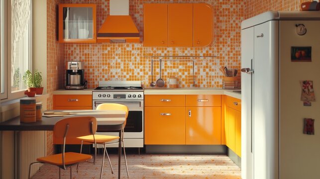 Retro Orange Kitchen Interior Design: Vintage 70s Style Apartment Cooking Space