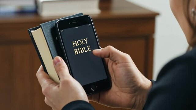 Woman Reading Digital Bible on Phone Alongside Traditional Book