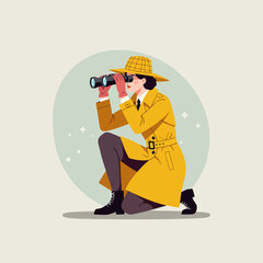 Woman in Yellow Trench Coat Looking Through Binoculars Illustration