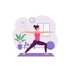 Woman Practicing Yoga Warrior Pose at Home for Wellness and Fitness