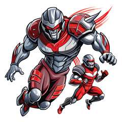 Obraz premium Futuristic armored football player violently tackles a robotic opponent in a neon-lit stadium. Intense action shot.