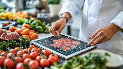 Chef Using Tablet  Fresh Produce  Food Technology  Recipe App