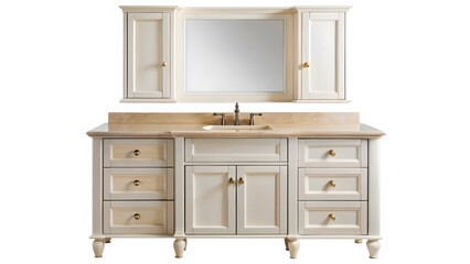 Cream-Colored Vanity Set with Mirror and Cabinets