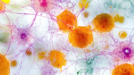 Aging cells under a microscope in a laboratory setting. Featuring biological aging and molecular breakdown