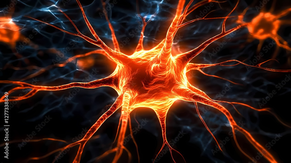 Poster 3d neuron render in orange and red on deep blue background