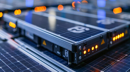 Obraz premium A close-up of advanced lithium-ion battery storage units connected to a solar power system, ensuring optimal energy retention and usage.
