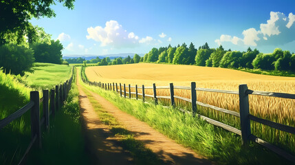 Fototapeta premium Tranquil Countryside Path Surrounded by Green Fields and Blue Sky