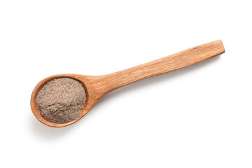Wooden spoon with black pepper powder on white background