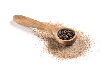 Wooden spoon with peppercorns and black pepper powder on white background