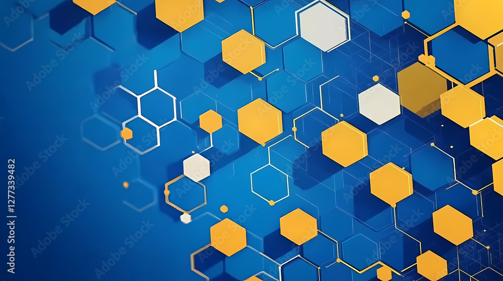 Poster dynamic abstract pattern of blue and yellow hexagons