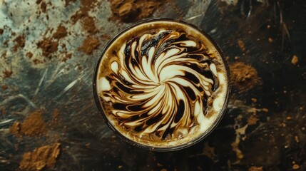 A coffee cup with intricate swirl latte art