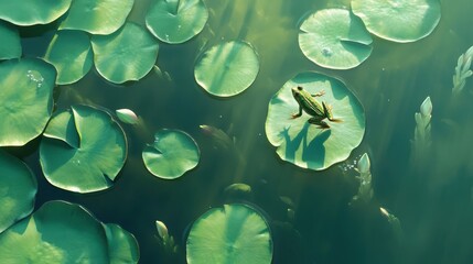 Green Frog Resting on a Lily Pad in Still Water