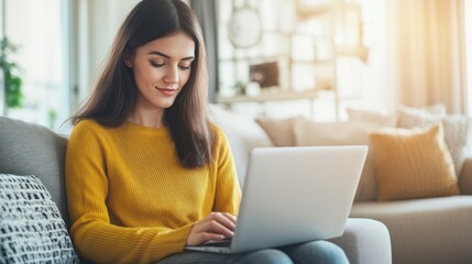 Naklejka premium Video generation for a young woman browsing online on her laptop in a minimalist living room. Featuring technology and convenience