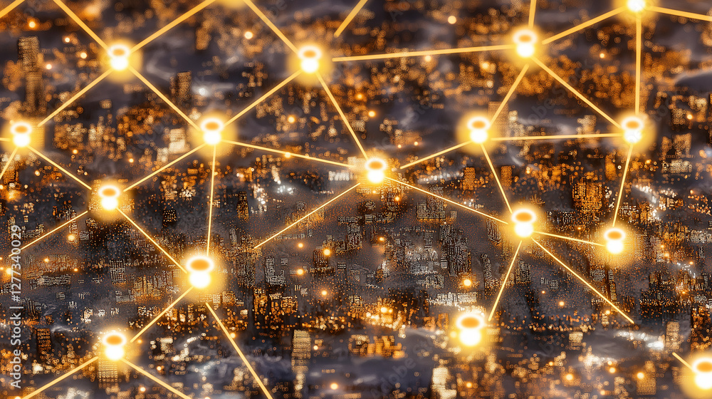 Poster digital network over city: a futuristic and mesmerizing image depicts a complex digital network over
