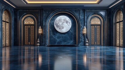 Luxurious, dark blue, marble hall with arched doorways, ornate details, and a large moon.